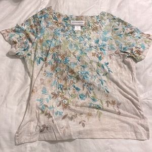 Alfred Dunner - Beige, Teal, and Green Floral & Lace S/S Blouse - Petite Small